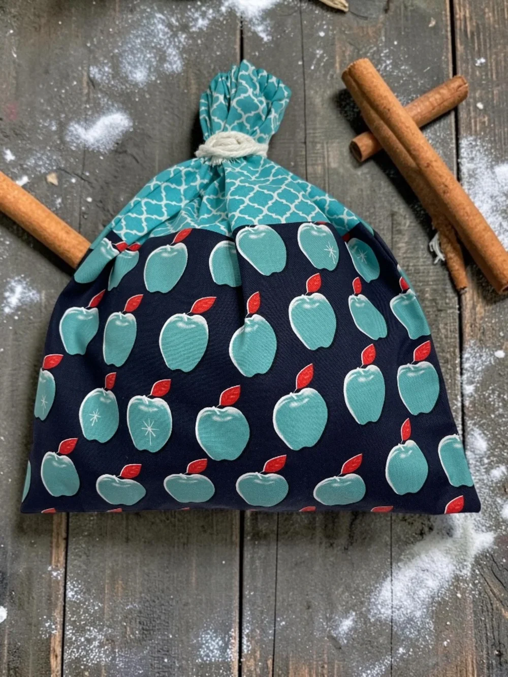 Teal Apple Print Bread Bag, Reusable Cotton Bread Bag, Sourdough Storage Bag